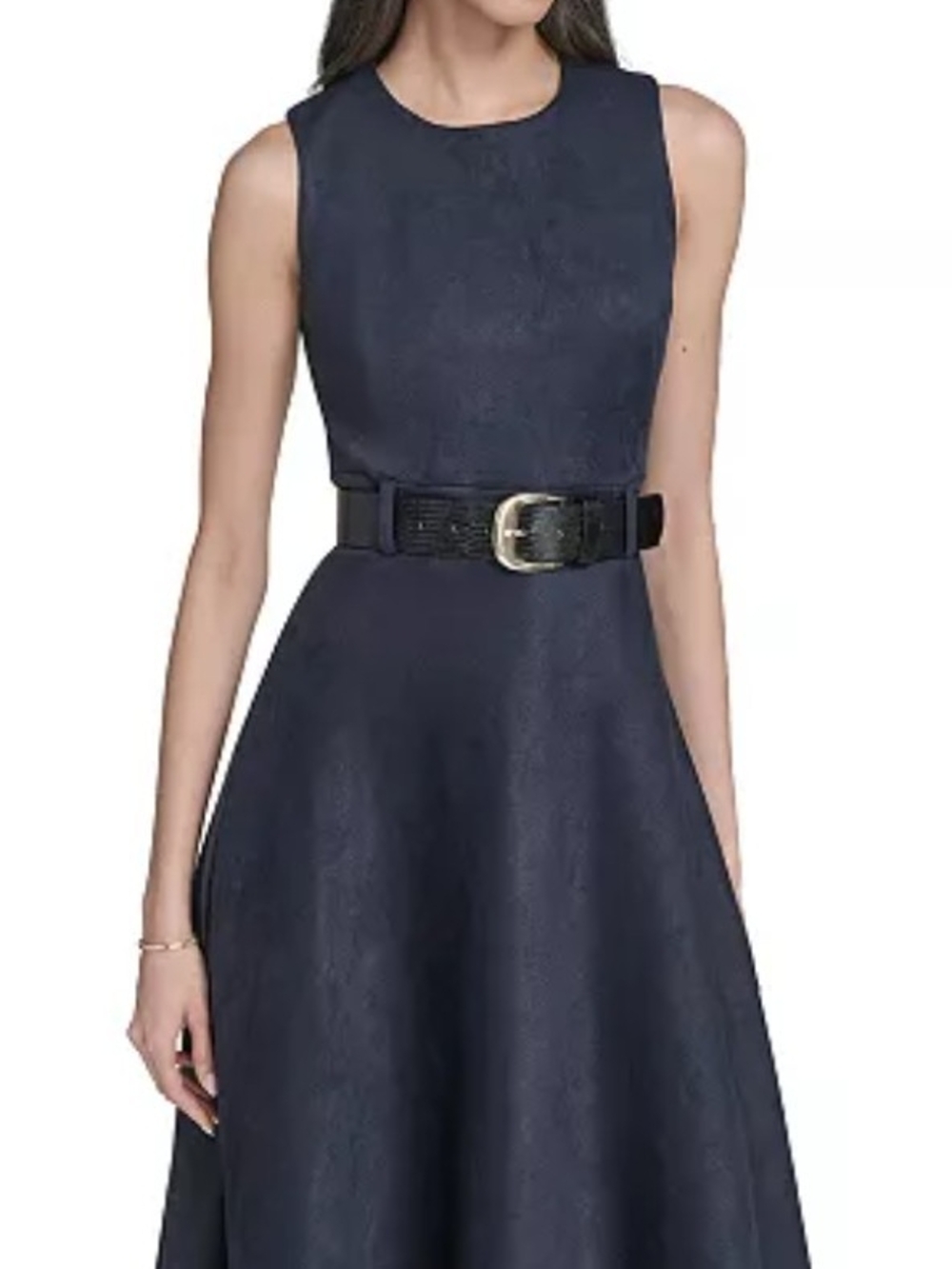 Calvin Klein Navy Textured Dress with Black Belt Accent